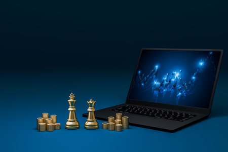 Chess and money coin represents corporate leaders and stock charts on laptop screens represent finance.の写真素材
