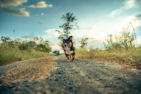 A playful dog enjoys the outdoors, surrounded by tall grass and a serene blue sky, capturing the essence of joy and nature.の写真素材