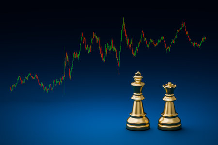 Stock chart on blue background with arrow pointing up meaning of financial trading. Chess represents corporate leaders and stock charts on laptop screens represent finance.の写真素材