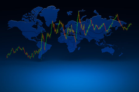 Stock chart, stock bar and world map dot style on blue background conveying the meaning of financial trading.の写真素材