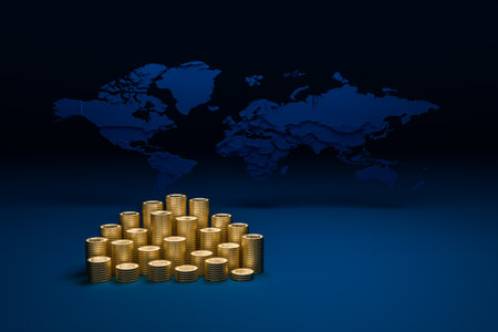 Group money gold coin stack represent finance and world map background.の写真素材