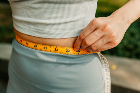 A woman in sportswear measures her waist with a tape measure, tracking fitness progress and body goals, symbolizing health, weight loss, and a commitment to a healthy lifestyle.の写真素材