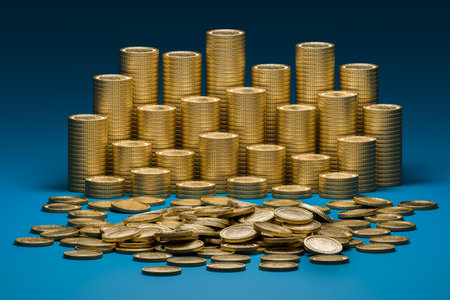 Group money gold coin stack and Gold coin falling on the ground represent finance and blue...