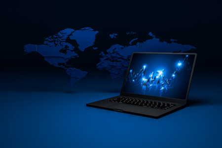 stock charts on laptop screens represent finance and world map background. Corporate and technology concept.の写真素材