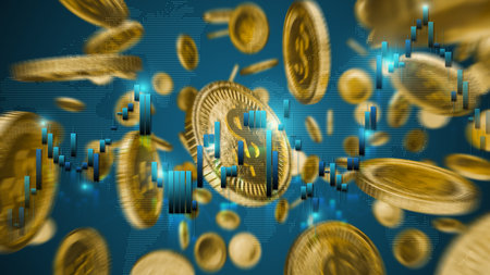 Stock chart and cash gold coin explosion illustration win treasure realistic, game shiny cash gold coin explosion. Money saving concept.の写真素材