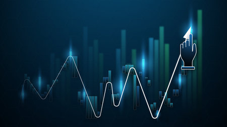 Stock chart on blue background with arrow pointing up and hand pointing to arrow conveying the meaning of financial trading.の写真素材