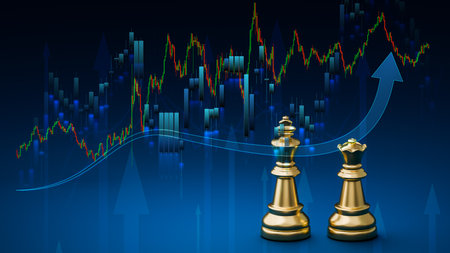 Stock chart on blue background with arrow pointing up and hand pointing to arrow the meaning of financial trading. Chess represents corporate leaders.の写真素材