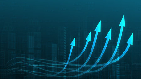 Stock chart on blue background with arrow pointing up conveying the meaning of financial trading.の写真素材