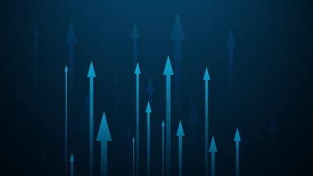 Stock chart on blue background with arrow pointing up and hand pointing to arrow conveying the meaning of financial trading.の写真素材