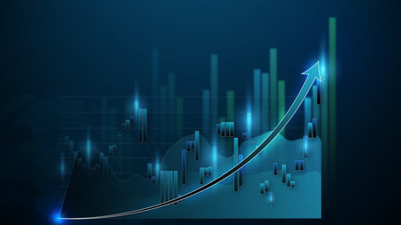 Stock chart on blue background with arrow pointing up conveying the meaning of financial trading.の写真素材