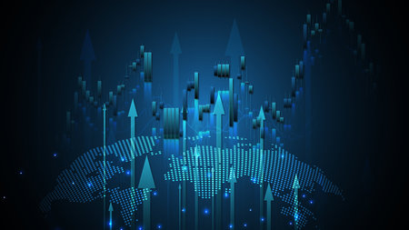 Stock chart on blue background with arrow pointing up and hand pointing to arrow conveying the meaning of financial trading.の写真素材