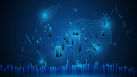 Stock chart, stock bar and globe on blue background conveying the meaning of financial trading.の写真素材