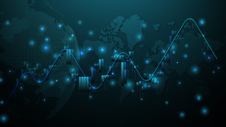 Stock chart, stock bar and world map dot style on blue background conveying the meaning of financial trading.の写真素材
