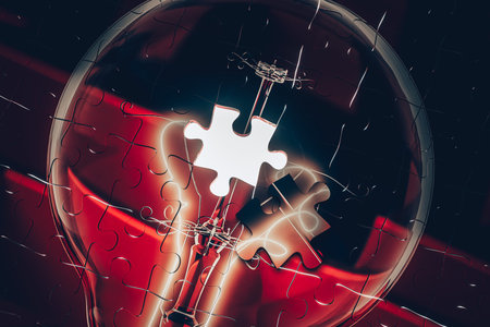 A jigsaw puzzle shaped like a light bulb with one missing piece represents ideas, what's missing,...