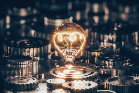 A glowing light bulb at the center surrounded by gears represents inspiration, ideas, and innovative technology.の写真素材
