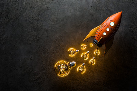 A rocket launching with a light bulb bursting out represents ideas, thoughts, planning, goals, and...