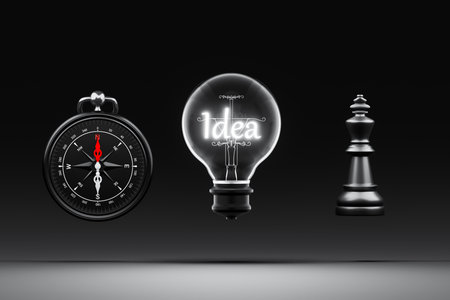 chess, compass, and light bulb symbolizes planning, financial direction, and inspiration.の写真素材