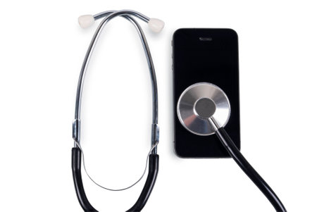stethoscope with smart phone. on white, abstract background to solution or key of solution problem for smart phone .の写真素材