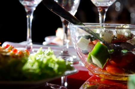 Served for a banquet table.  Salad and glasses.の写真素材