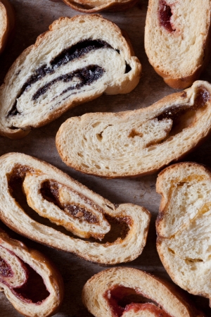 Sweet rolls on a wooden surface.の写真素材
