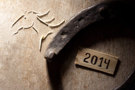 2014 year - horseshoe on a wooden background, horse's head and a tag with the inscription 2014 の写真素材