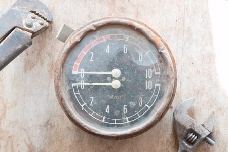 Steampunk background. Metal, mechanical device. Manometer.の写真素材