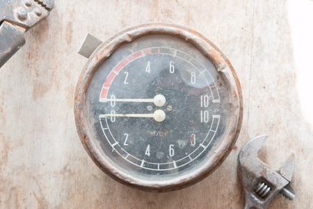 Steampunk background. Metal, mechanical device. Manometer.の写真素材