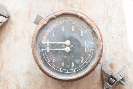 Steampunk background. Metal, mechanical device. Manometer.の写真素材