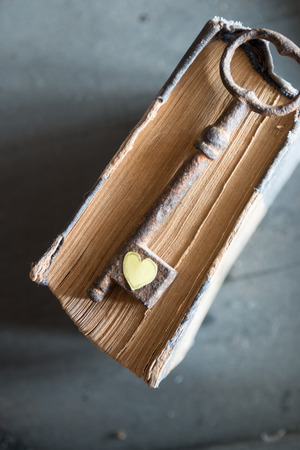 Love, valentine concept. Old key, paper heart, book.の写真素材