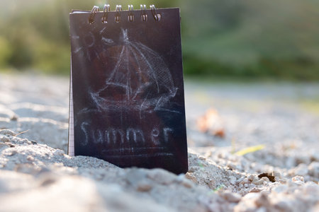 Summer concept. Yachts drawing chalk inscription summer.の写真素材