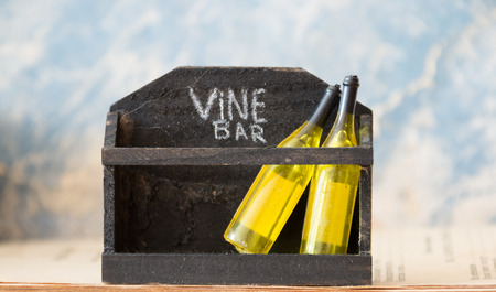 Wine Bar, written in chalk and bottlesの写真素材