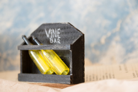 Wine Bar, written in chalk and bottlesの写真素材