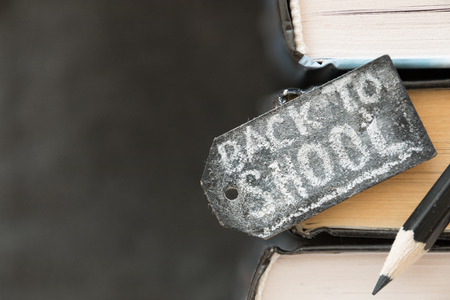 Back to School. Label  with an inscription in chalk, label on the books and a pencil, place for text.の写真素材