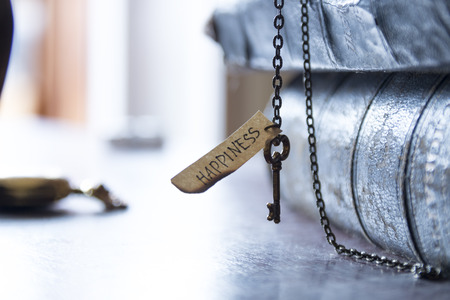 Key and text "Happiness".  Golden key to happiness idea. Toned photo.の写真素材