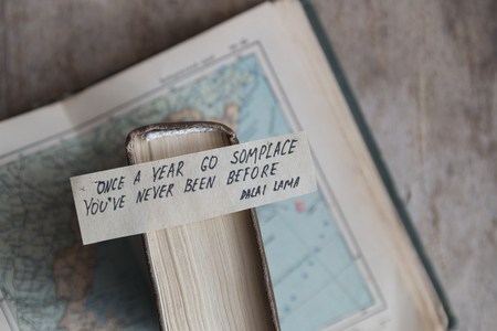 Once a year go someplace you are never been before. Travel inspiration quotes.の写真素材