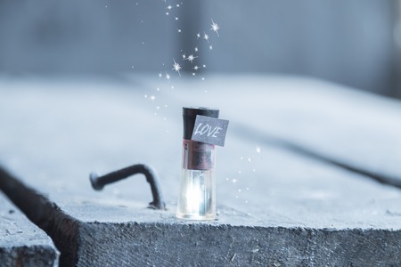 Love or Valentines Day card, label and bottle with sparks.の写真素材