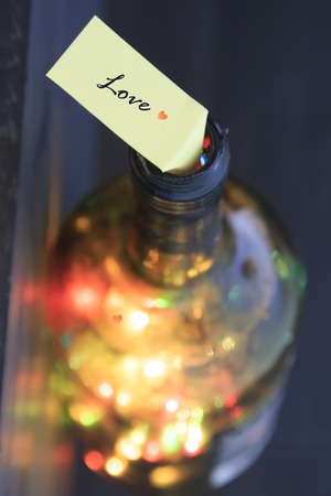 happy valentines day card, text love bottle with lightsの写真素材
