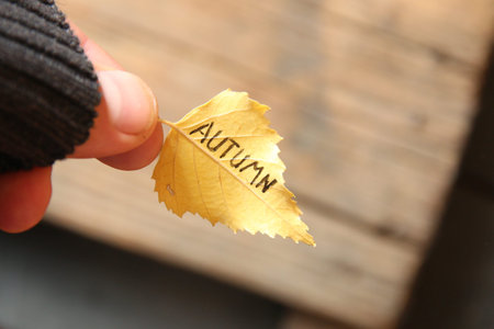 Fall idea, hand holding autumn leaf with an inscription