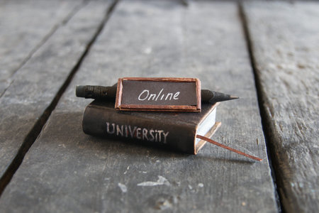 online universities idea, inscription and book, vintage style