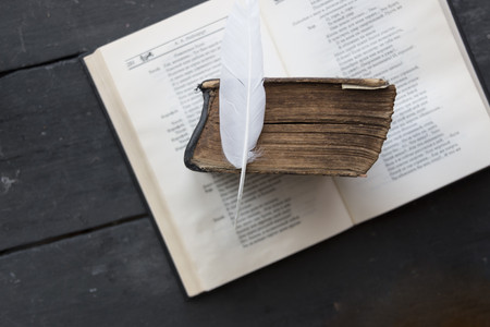 Education courses concept. Vintage book and feather on the old wooden table.の写真素材