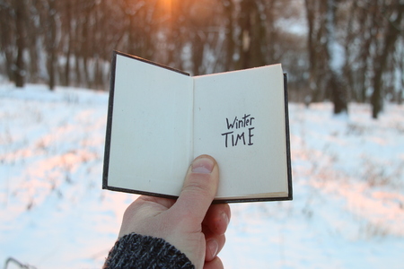Winter time idea. Book and text.の写真素材