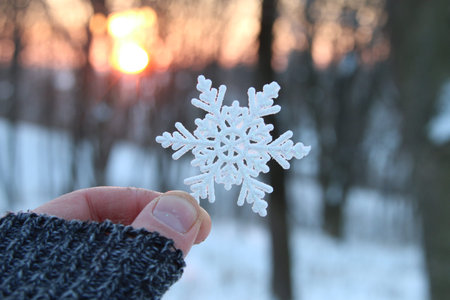 winter concept, hand holding a snowflake