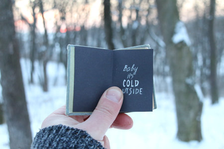 Baby its cold outside. Winter holiday lettering on the book.