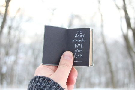 Its the most wonderful time of the year. Hand holding a book with text on background - snowy winter parkの写真素材
