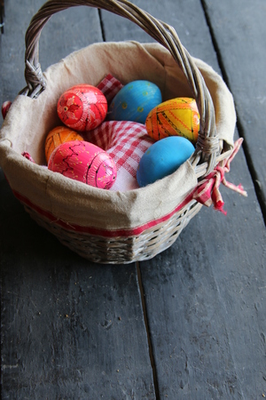 Easter eggs in basket. Traditional decorationの写真素材