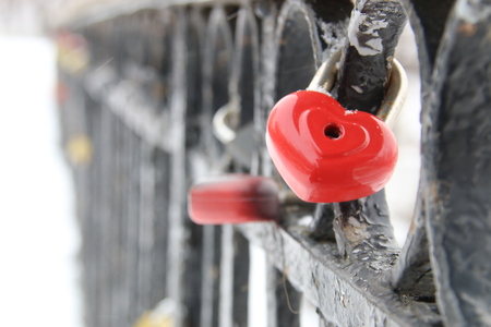 love padlock, heart shaped, in winter timeの写真素材
