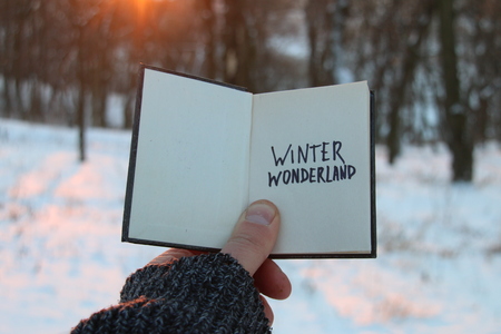 Winter wonderland idea. Book and text.の写真素材