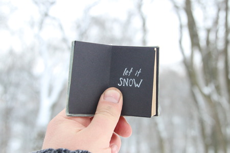 Let it snow lettering and Falling snow. Vintage book with inscriptionの写真素材