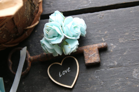 Love background. Vintage style. Heart with an inscription and a vintage key.の写真素材