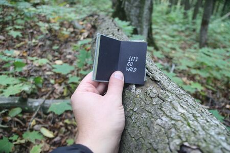 lets go wild concept, hand holding a book with textの写真素材